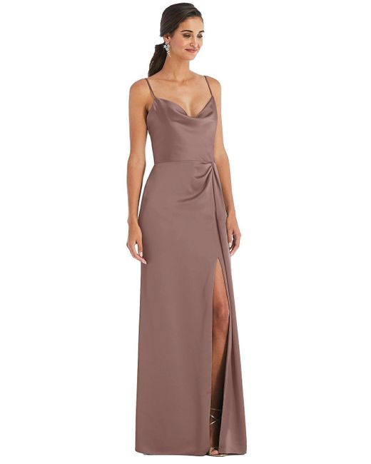 Dessy Collection Purple Cowl-neck Draped Wrap Maxi Dress With Front Slit