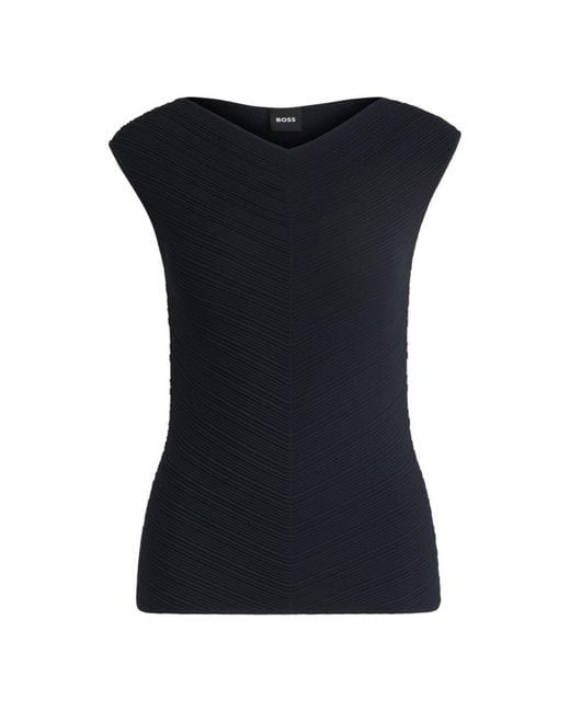 Boss Blue V-Neck Top With Knitted Structure