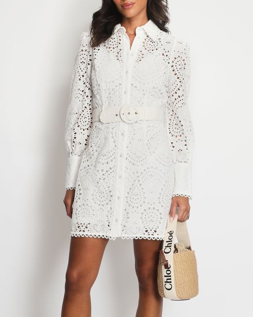 Zimmermann White Crochet Long-sleeve Mini Dress With Belt Detail