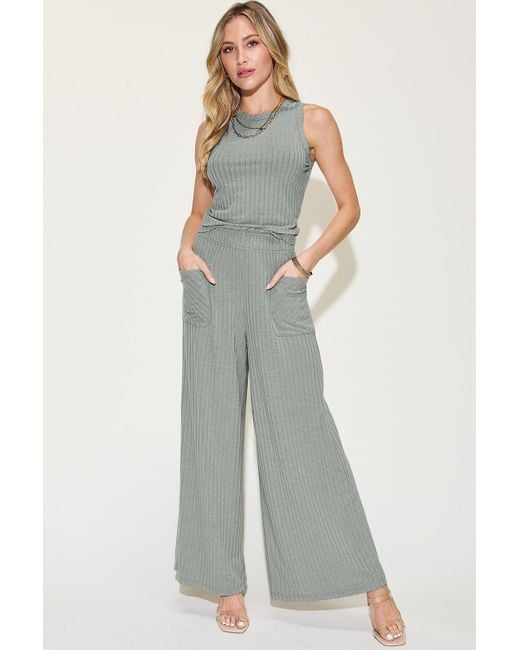 TRUEDAMES Gray Full Size Ribbed Tank And Wide Leg Pants Set