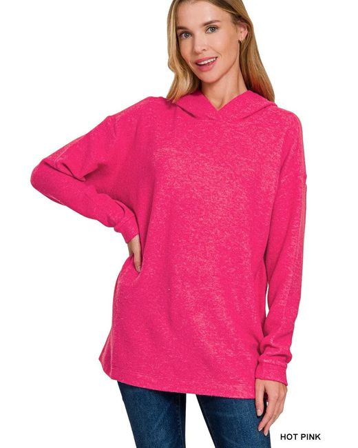 TRUEDAMES Women's Pink Hooded Brushed Melange Hacci Sweater