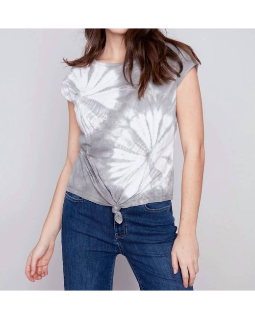 Charlie b Blue Printed Jersey Front Knot Sleeveless Tee Top