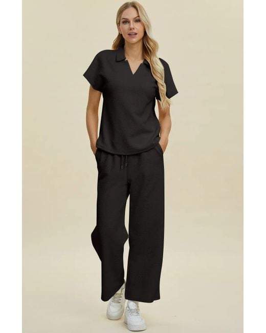 TRUEDAMES Black Full Size Collared Neck Short Sleeve Top And Pants Set