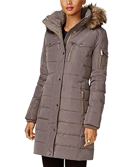 MICHAEL Michael Kors Brown Flannel Down 3/4 Puffer Coat With Faux Fur And Hood