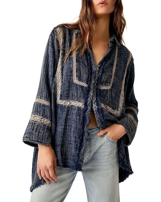 Free People Blue Lace Button-down Blouse