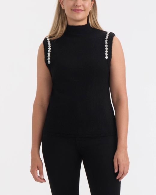 Ellen Tracy Black Sleeveless Sweater Vest With Rhinestone Trim