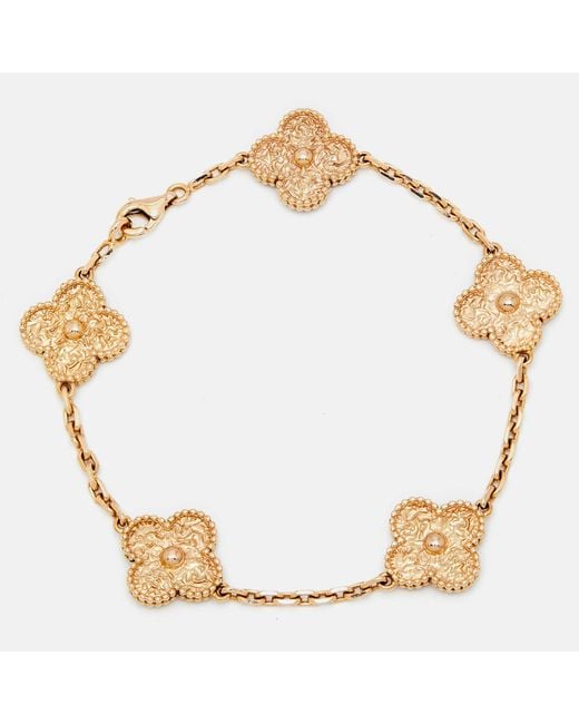 Van Cleef & Arpels Metallic Vintage Alhambra Textured 18k Rose 5 Motif Bracelet