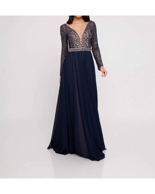 Terani Blue Lace Long Sleeved A-Line Gown