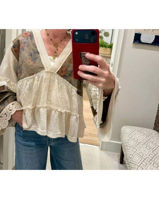 Pol White Earth-Toned Patchwork Peasant Top