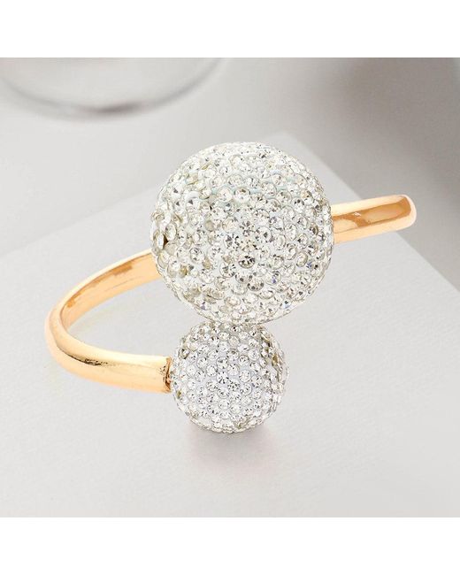 Fashnzfab White Rhinestone Embellished Double Ball Hinged Evening Bracelet