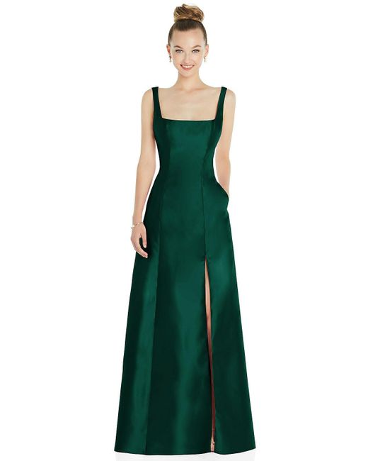 Alfred Sung Green Sleeveless Square-neck Princess Line Gown With Pockets