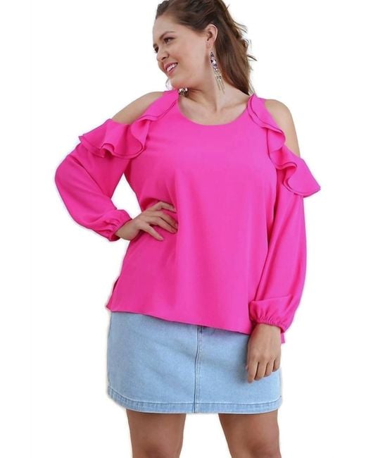 Umgee Pink Ruffle Open Shoulder Blouse