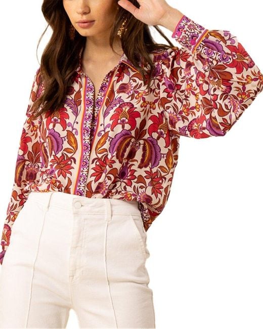 Hale Bob Red Paris Button Down Silk Shirt
