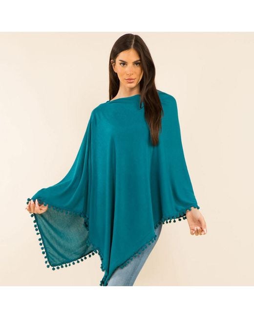 TRUEDAMES Blue Pom Pom Trim Solid Asymmetrical Poncho
