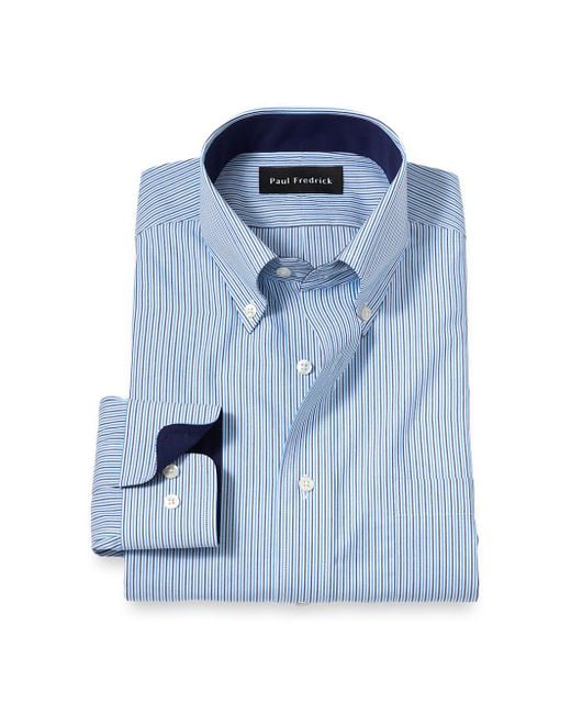 Paul Fredrick Blue Tailored Fit Non-Iron Cotton Stripe Dress Shirt With Contrast Trim for men