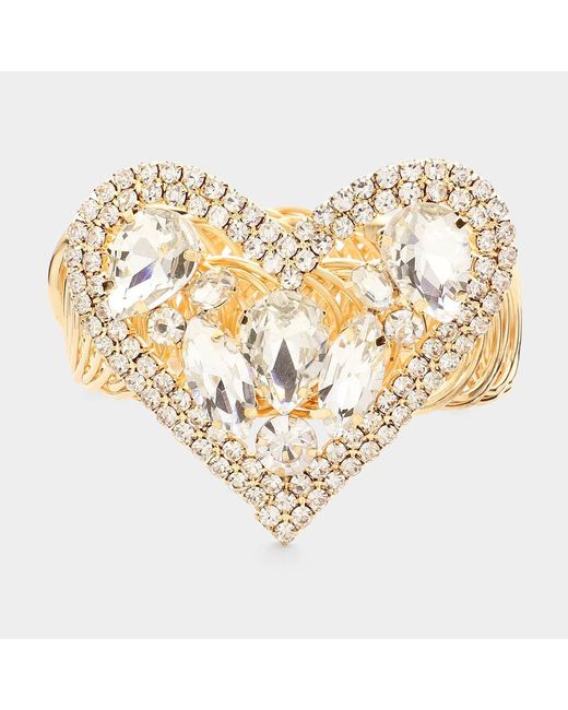 Fashnzfab Metallic Marquise Teardrop Stone Cluster Embellished Rhinestone Paved Heart Pointed Adjustable Evening Bracelet Arm Cuff Clear