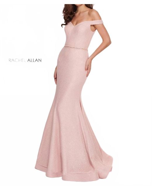Rachel Allan Pink Off Shoulder Horsehair Hem Prom Gown