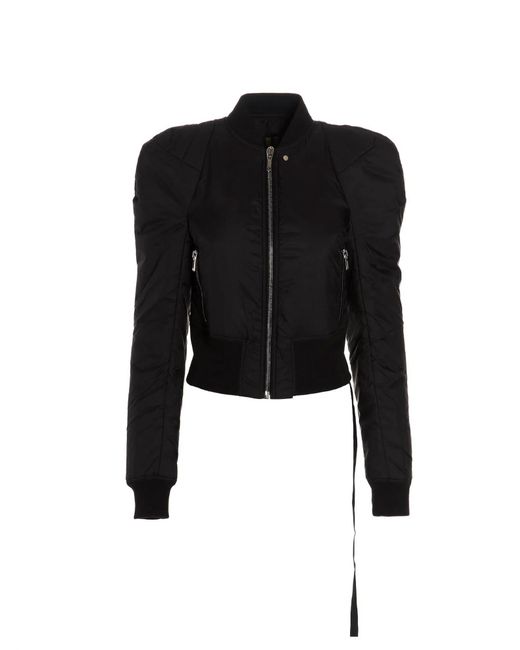 Rick Owens Black Cropped Zip Padded Bomber Jacket With Puff Shoulder And Side Zip
