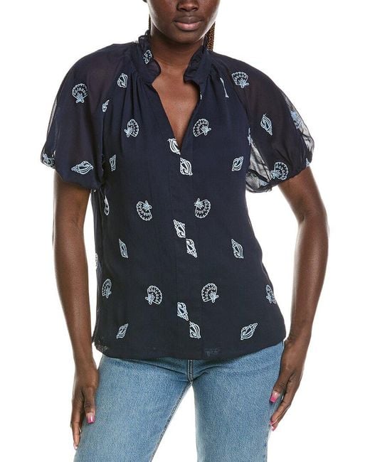 Cece Blue Embroidered Raglan Top