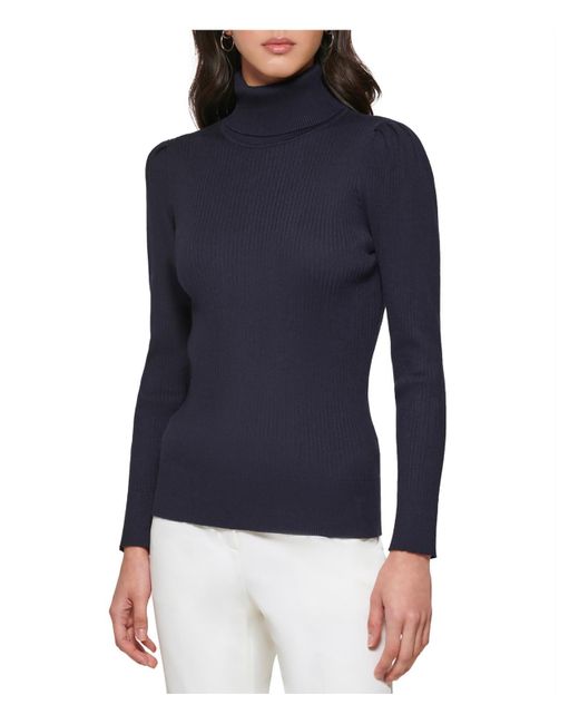 DKNY Blue Ribbed Turtle Neck Pullover Sweater