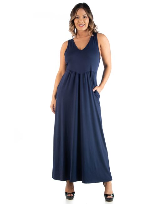 24seven Comfort Apparel Women's Blue Plus Size V Neck Sleeveless Slim Waist A Line Pocket Maxi Dress