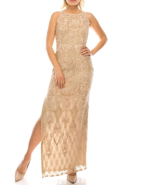 Aidan Mattox Natural Halter-Style Embroidered Beaded Dress