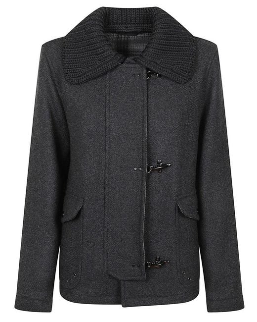 Fay Black Three-Hook Wool Jacket With Removable Ribbed Collar And Iconic Closure