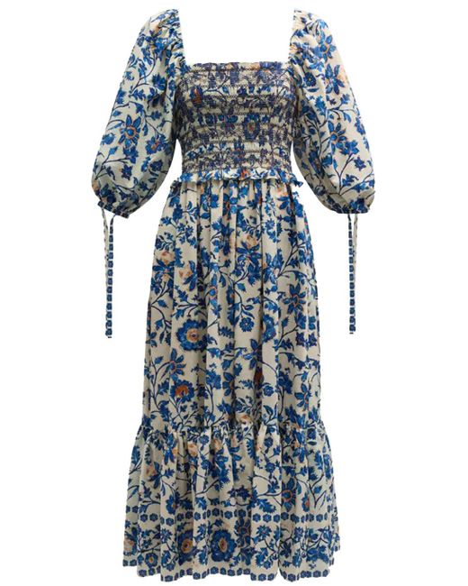 Cara Cara Multicolor Jazzy Tiered Smocked Midi Dress Azure Alexandria Floral