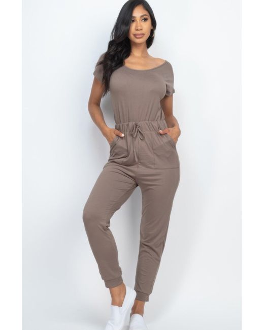 TRUEDAMES Brown Two-Way Shoulder Drawstring Jumpsuit