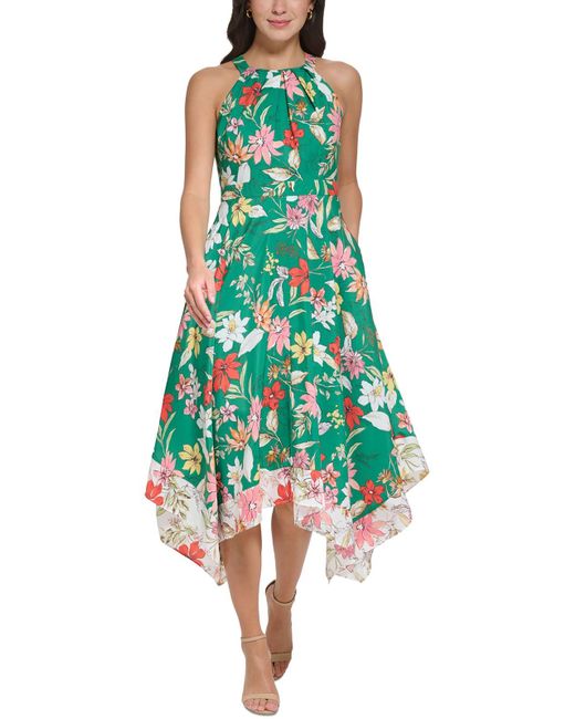 Vince Camuto Green Petites Floral Print Tea Length Halter Dress