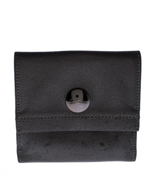 Longchamp Black Metallic Leather Flap Button Compact Wallet