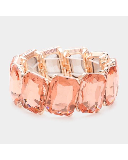 Fashnzfab Pink Rectangle Crystal Stone Cluster Stretch Evening Bracelet Peach, Rose