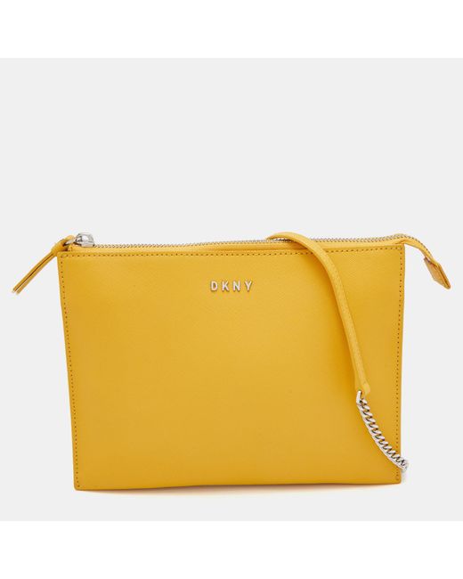 DKNY Yellow Mustard Leather Top Zip Crossbody Bag