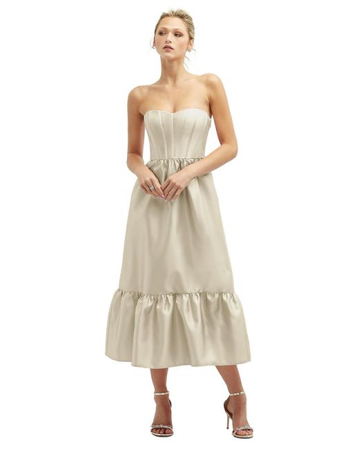 Dessy Collection Natural Strapless Satin Midi Corset Dress With Lace-up Back & Ruffle Hem