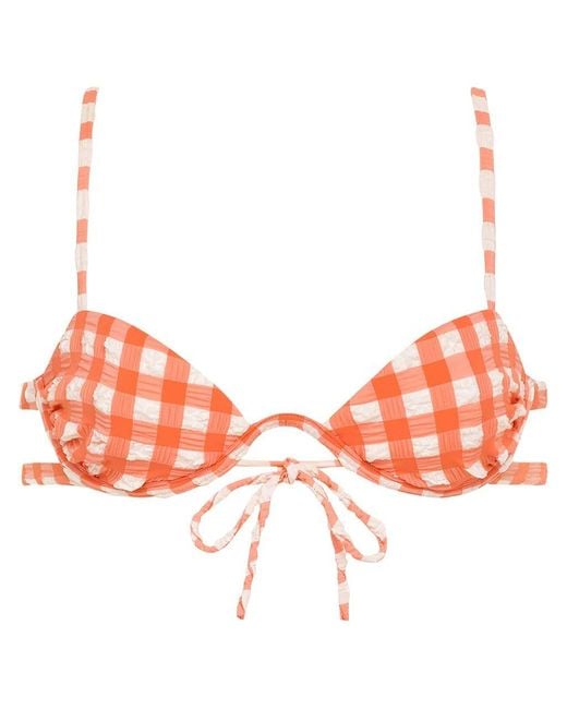 Montce Red Shrimp Gingham Elany Tie-Up Bikini Top