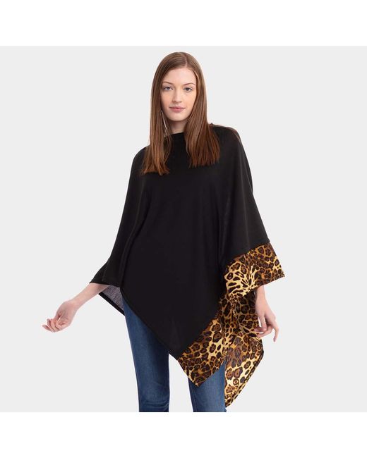 TRUEDAMES Black Leopard Trim Solid Poncho
