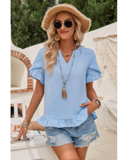 TRUEDAMES Blue Solid V Neck Ruffle Hem Loose Fit Blouse
