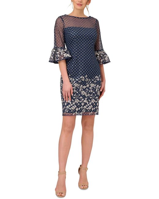 Adrianna Papell Blue Embroidered Polyester Sheath Dress