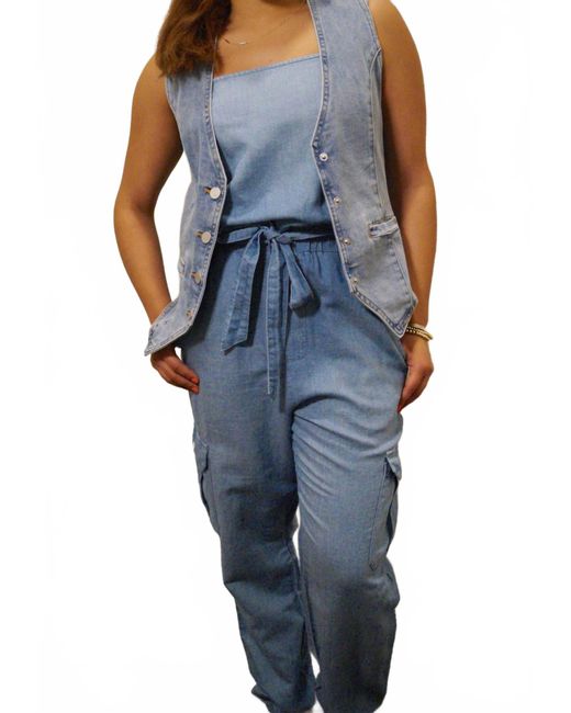 Bella Dahl Blue Denim Square Neck Cargo Jumpsuit