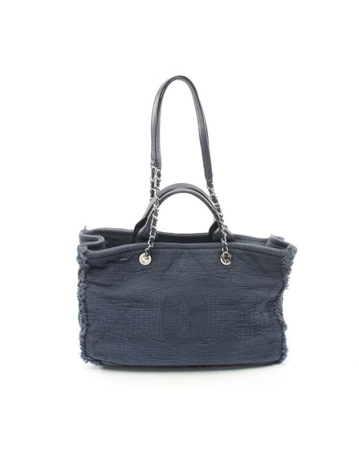 Chanel Blue Coco Mark Shoulder Bag Tote Bag Canvas Leather Navy Silver Hardware 2way