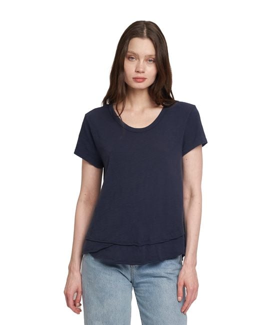 Wilt Blue Short Sleeve Mock Layer Raw Hem Tee