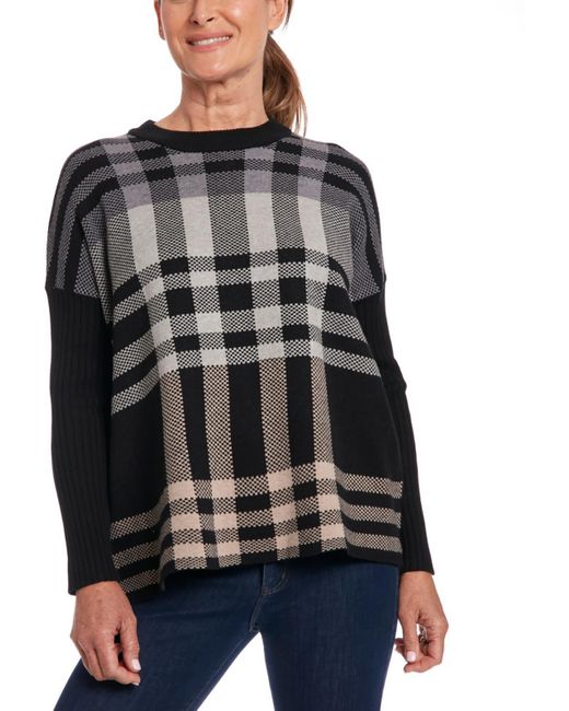 Joseph A Black Ribbed Sleeve Plaid Pullover Sweater