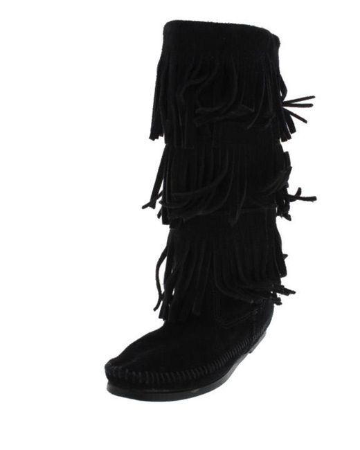 Minnetonka Black 3 Layer Suede Fringe Moccasin Boots