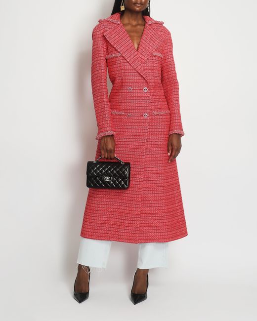 Chanel Red Rouge Long Double-breasted Four-pockets Tweed Coat With Crystal Buttons