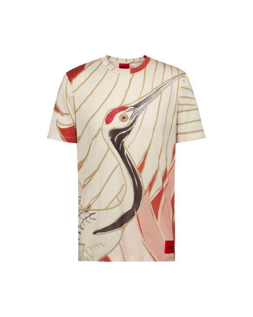 HUGO Multicolor Boss - Mercerised Cotton T Shirt With Japanese Crane Print for men