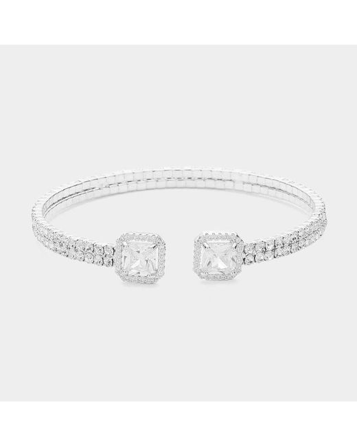 Fashnzfab Metallic Cz Square Stone Pointed Tip Rhinestone Paved Cuff Bracelet
