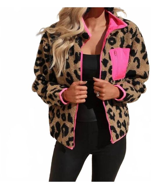 Shiying Fashion Black Leopard Colorblock Pocket Zipper Fuzzy Fleece Jacket