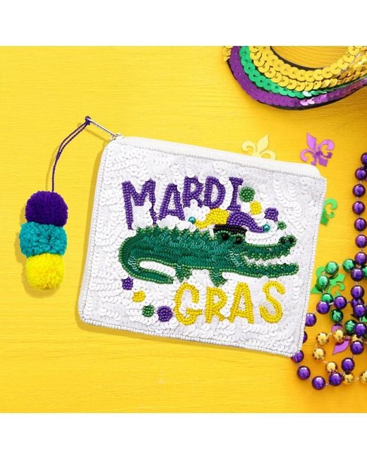Fashnzfab Blue Sequin Seed Beaded Mardi Gras Message Alligator Pom Pom Mini Pouch Bag