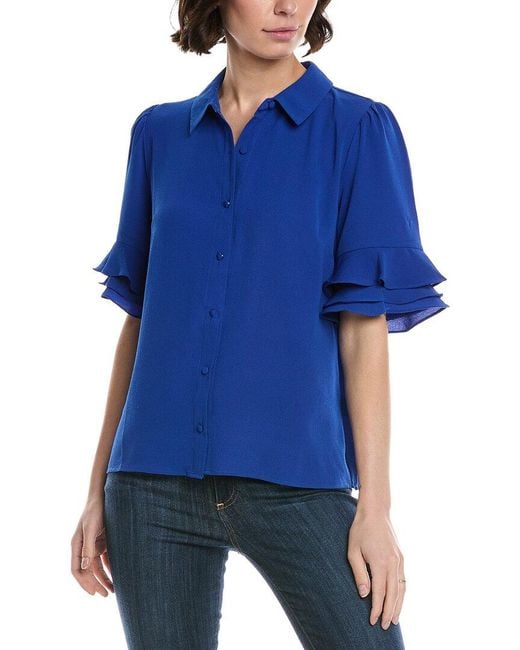 Cece Blue 3/4-Sleeve Button Front Collared Top