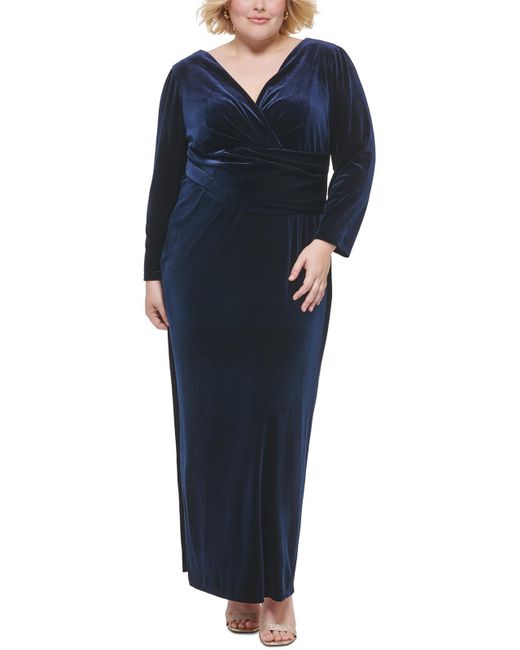 Eliza J Blue Plus Velvet Surplice Evening Dress